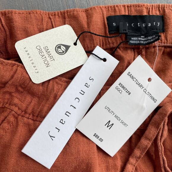 Sanctuary Linen Blend Utility Cargo Midi Skirt Women M‎ Rust Boho Elastic Waist - Picture 4 of 6